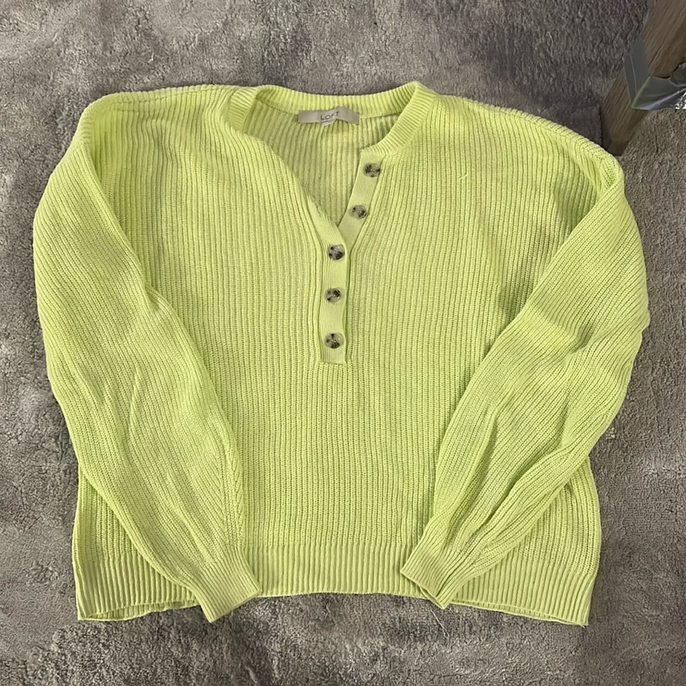 LOFT 100% COTTON LIME GREEN HENLEY SWEATER